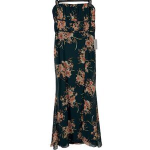 Lulu's NEW Flawed Floral Green Pink Ruched Strapless Maxi Dress Size L Feminine